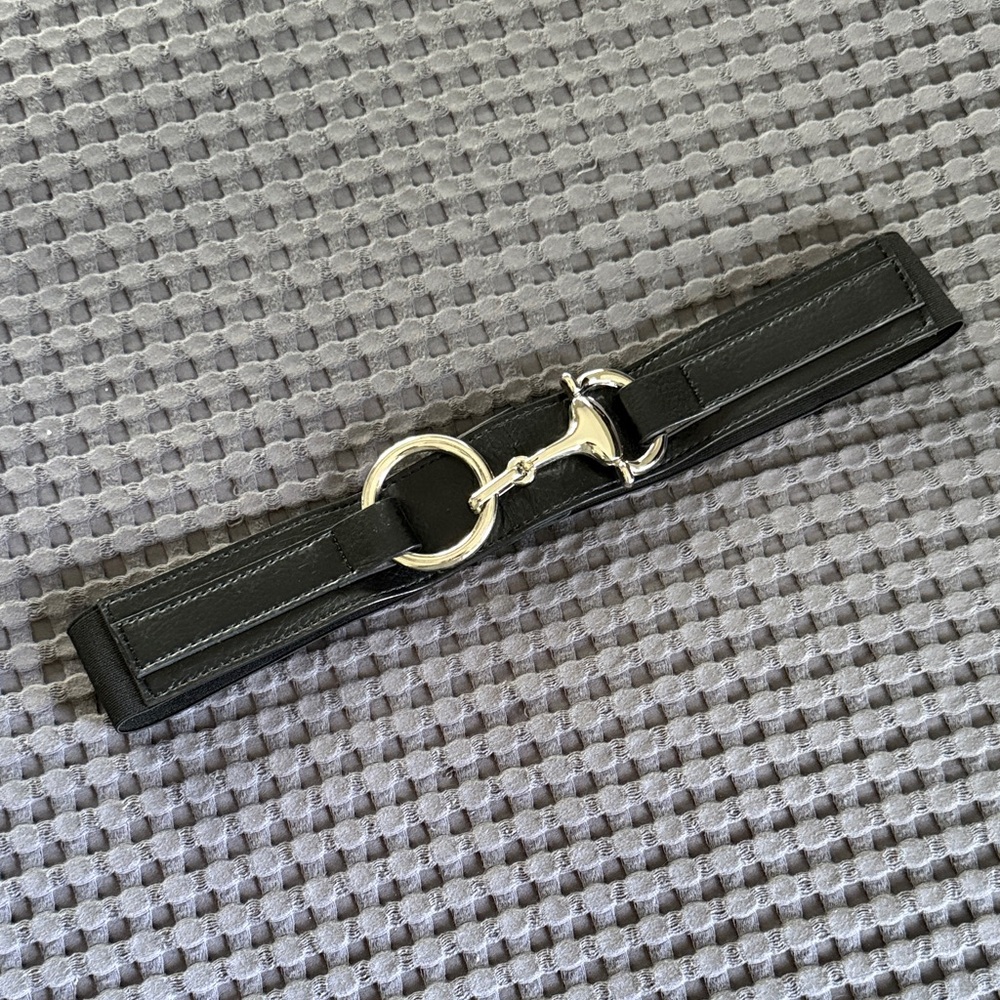 White House Black Market Black Leather Belt with Silver Horsebit Detail